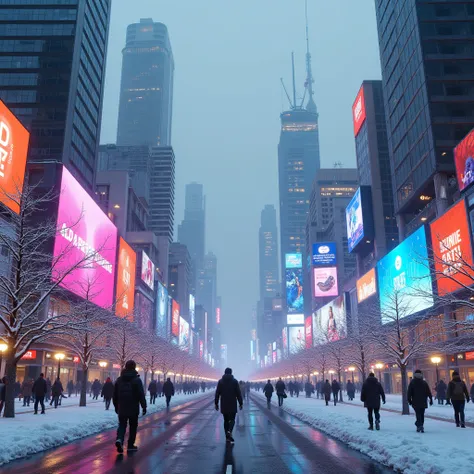 draw what winter would look like in a city ,  with a lot of LED screens