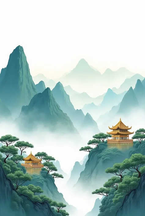  Plenty of Blanks。 blue and green mountains with Chinese embroidery techniques ， with gold pavilions and green trees ， with gold-plated details 。 minimalist color gamut style ，Freehand，White Space， leave organic shapes in a simple background。Lotus Lake， Ch...