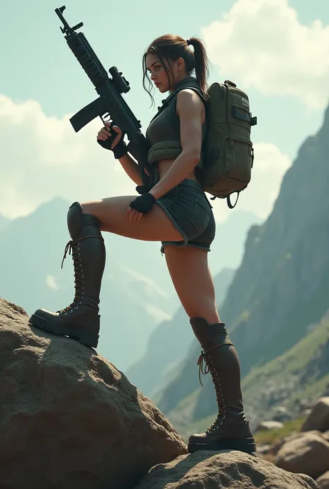 Girl holding a gun. Right foot on a big rock the other on the ground. Wearing knee high boots.