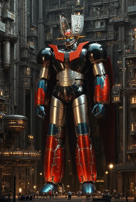 A very realistic giant version of the great hero Mazinger Z, Standing in a forward position at a height of 100 meters .  reactor equipment production line constructed with modern materials such as steel ,  Carbon Fiber ,  other industrial elements are also...