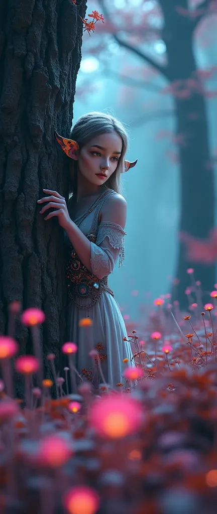 foreground:1.5, (tangled, , Fractal, grid), (surreal Fractal art:1.3), ( Mechanical bioluminescent elf princess beautiful elf dress looking out from behind a tree:1.8), Look carefully and somewhat anxiously at the camera, ( Very detailed , 8k, beautiful ep...