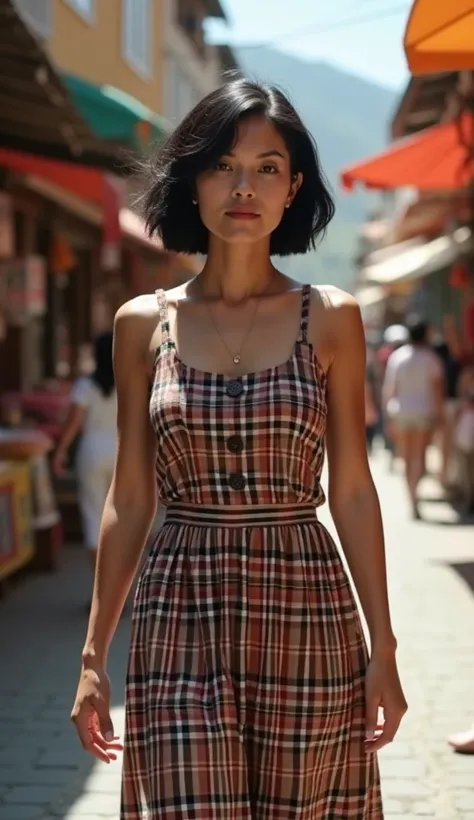 A 38-year-old woman with short black hair, wearing a plaid dress, walking through a bustling market street.