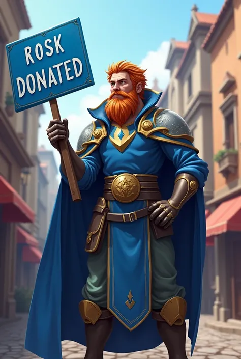 Random Dota hero , who holds a blue DONATE sign on his left