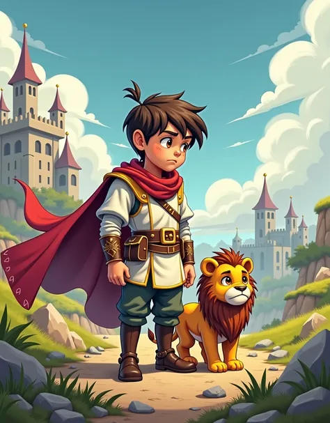 a young prince with cartoonish features, (Eurailey, the son of King Bodhi and Queen Dharma), standing in a battle field, looking very sad, with his cute lion cub Ariel beside him, detailed fantasy digital art, cinematic lighting, intricate background, vibr...