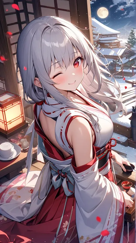 ( top quality, ),  beautiful women (Red eyes), elements. well-groomed face 、 Shy Expression 、 Silver Hair、 red eyes、smile(one eye closed、Looking up)、                      Ultra Fine             ,  A Girl in a Glittering Shrine Maiden、 Surrounded by beautif...