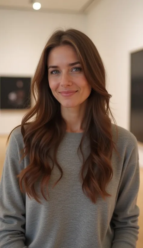 A 35-year-old woman with long brown hair, wearing a soft gray sweater, standing in front of a modern art gallery.