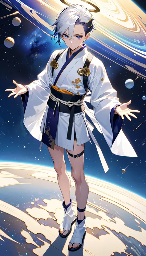 Fresh illustration,
Ultra-fine drawing,
Very delicate illustration,
Very fine details,
One boy,
Full body,
Standing motionless,
Arms slightly open,
Height 158cm,
Fair skin,
Right eye is purple,
Left eye is blue,
Odd eyes,
Heterochromie iris,
Beautiful eyes...