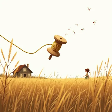  Create a semi-realistic digital illustration with bright and warm strokes Use brushes on a clean white background Create an illustration. Clearly defined ,  wooden spindle ,  with gold thread wrapped around it jumps through the tall grass towards us acros...