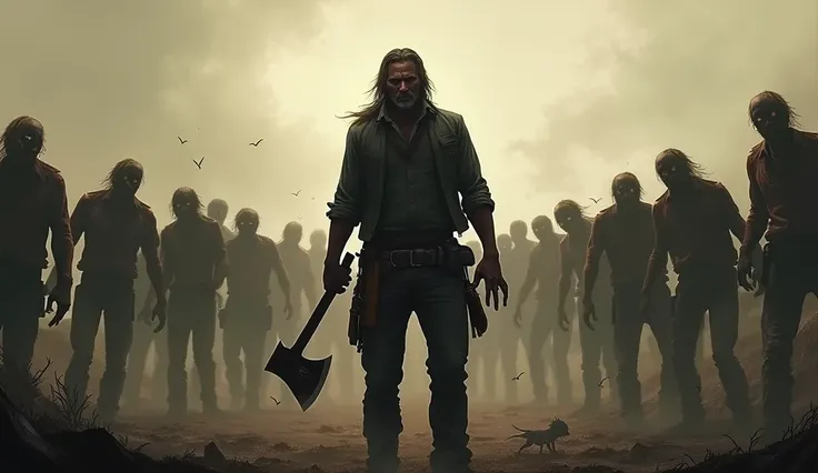  I want you to create an image of a survivor with an axe in his hand , Some zombies around ,  and with an illustrative aesthetic similar to the promotional arts of Red Dead Redemption 2