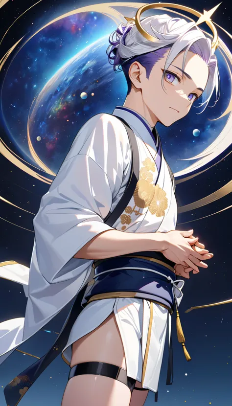Fresh illustration,
Ultra-fine drawing,
Very delicate illustration,
Very fine details,
One boy,
Full body,
Standing motionless,
Arms slightly open,
Height 158cm,
Fair skin,
Right eye is purple,
Left eye is blue,
Odd eyes,
Heterochromie iris,
Beautiful eyes...