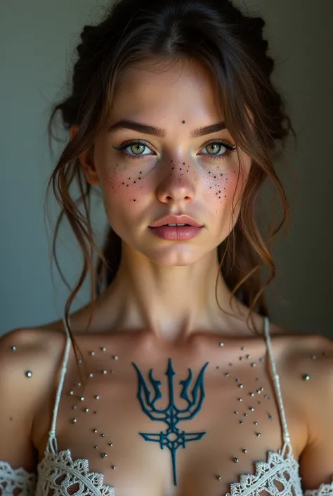 Beautiful looking Ukrainian girl, the whole face, shoulders and bare chests are pierced with openwork threads in the style of Ukrainian national embroidery and the Ukrainian trident motif,  no retouching, photoshop, processing, smoothing --s 750 --style ra...