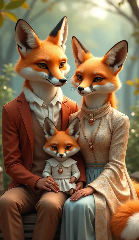 Make a anthropomorphic Fox family male female and daughter they face looks like animals sitting like human and wearing luxury cloth sitting in park happy 