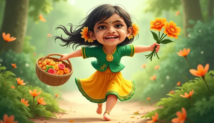 A joyful depiction of a young girl running barefoot on a stone path surrounded by vibrant greenery. She is dressed in a traditional outfit with a green blouse and a bright yellow skirt adorned with green borders. Her cheerful expression is complemented by ...