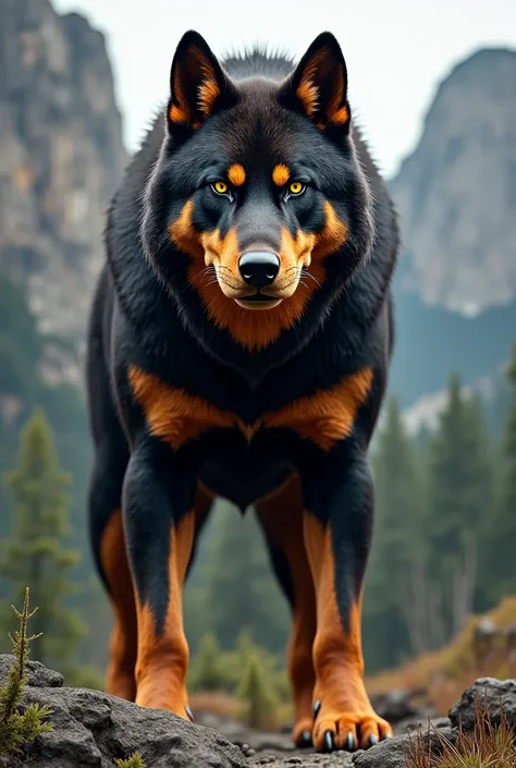 a dire wolf with a color like a rottweiler and yellow eyes