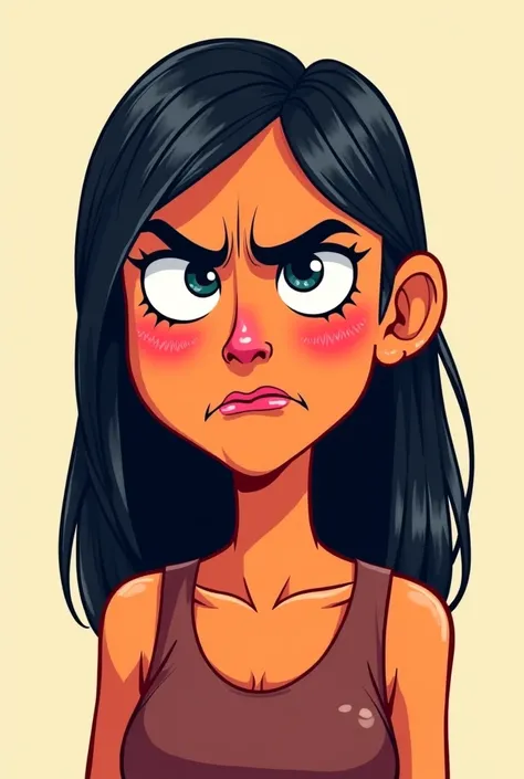 Cartoon of a woman in a grouch, very straight hair, with indigenous features 