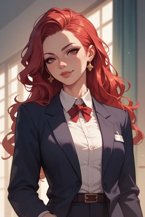 "Anime character, young woman with long light red hair (bright red). She has sharp features and a calm, confident expression. Wearing a formal business suit with a professional demeanor. 