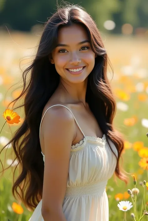 A beautiful young woman with long, flowing black hair, wearing a delicate white dress. She has radiant skin, sparkling eyes, and a warm, confident smile. She is standing in a sunny meadow, surrounded by vibrant flowers, with the sunlight softly illuminatin...