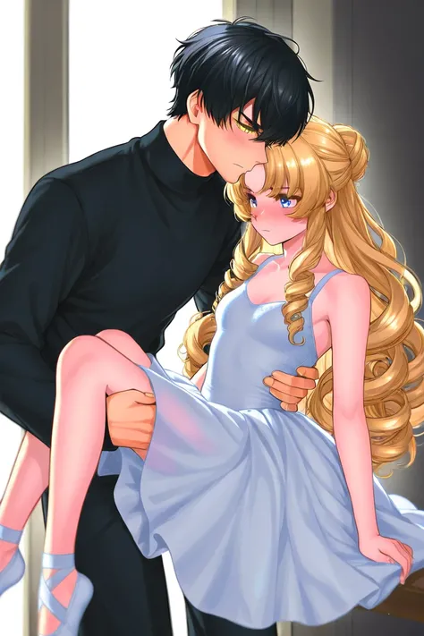 Beautiful couple in love. Tall teenager with Black hair, light cold golden eyes, handsome, bad tempered but shy, wearing black clothes and a ballerina girl serious with blonde long curly hair and shiny blue eyes in a magic land wearing a pink delicate dres...