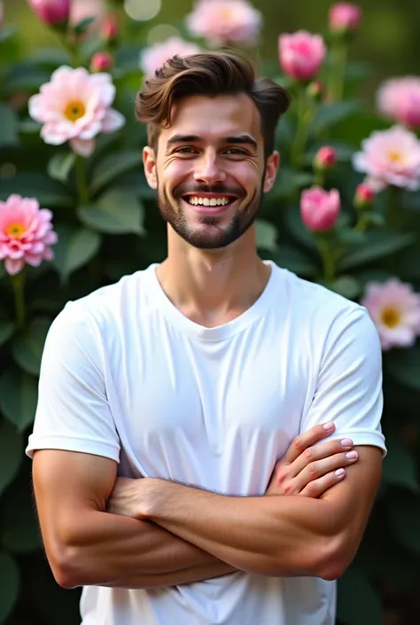 smiling man with arms crossed in front of a flower garden, a portrait by John Luke, shutterstock, realism, smiling male, attractive man, portrait of beautiful young man, beautiful young man, handsome male, attractive male, smiling man, beautiful and smilin...