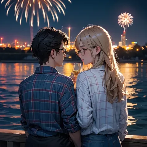 A man and a woman sitting by the Lake after Sunset. Street lights and city lights from other side of lake. View from behind. Wearing sweters and hoddy.

Fireworks in the sky. Both are holding champagnes glasses.

Man is Wearing plaid shirt.

Woman is weari...