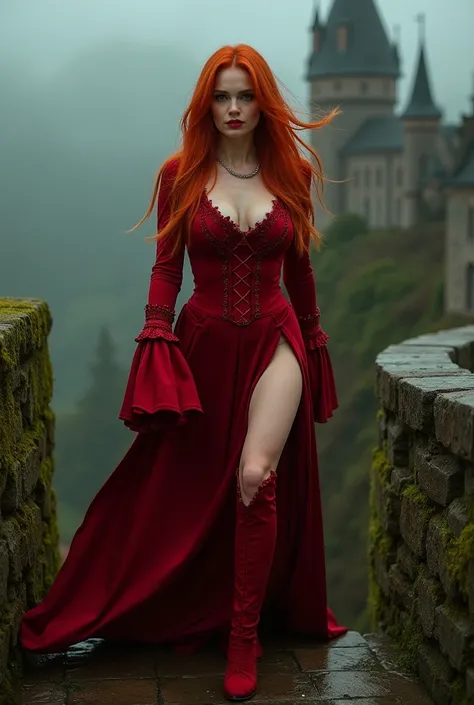 cinematic photography of a beautiful red-haired woman, green eyes, long Ellen Burstyn style hair, sexy and sculpted body, beautiful breasts, with a ruby ​​red witch costume, walking on top of a castle tower, moss on the walls, 90s style science fiction