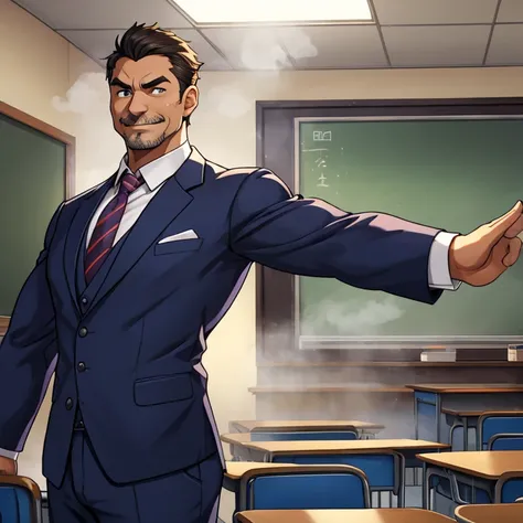 classroom、gentlemen、teacher、40-year-old man、Short Hair、 muscular、 bodybuilder 、suit、 shirt 、 ties、One arm raised、 steam 、Sweaty 、 steam 、In a good mood、 looking at me 