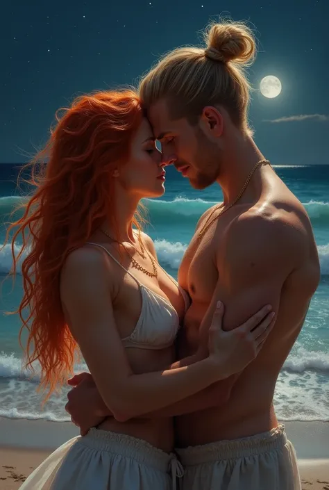 woman with red , long hair. kisses man with blond hair tied to bun, At night on the beach . no clothes. photoeealistic