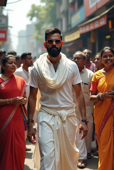 indian cricket virat kohli wear dhuti and walking beside kolkata metro station and local people seeing him charmly