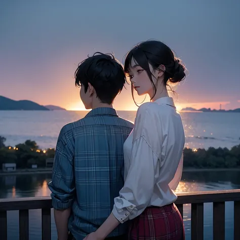 An asian man and an asian woman standung face to face by the Lake after Sunset. Street lights and city lights from other side of lake. View from behind. Wearing sweters and hoddy.

Fireworks in the sky. Both are holding champagnes cup.

Man is Wearing plai...