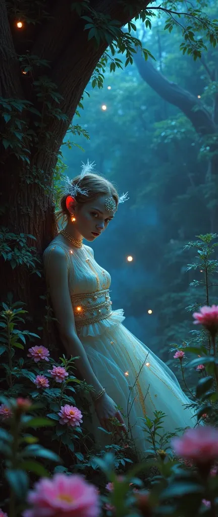 foreground:1.5, (tangled, , Fractal, grid), (surreal Fractal art:1.3), ( Mechanical bioluminescent elf princess beautiful elf dress looking out from behind a tree:1.8), Look carefully and somewhat anxiously at the camera, ( Very detailed , 8k, beautiful ep...