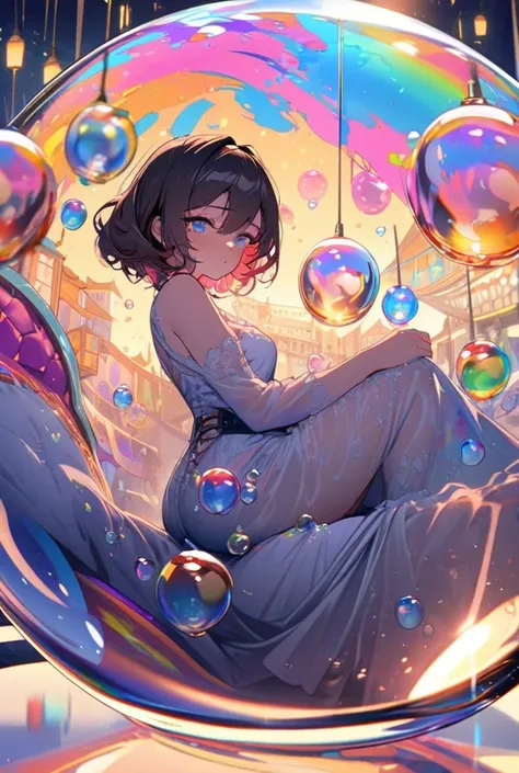 Leila (masterpiece), ( top quality ), ( ULTRA DETAIL),(  Dishevelle Hair  ),( illustration), (1Girl),  beautiful detailed eyes, Delicate and Beautiful Face,FloatinG,(hiGh saturation),( colorful splashes), Colorful Bubbles ,(shininG), focus on face , sittin...