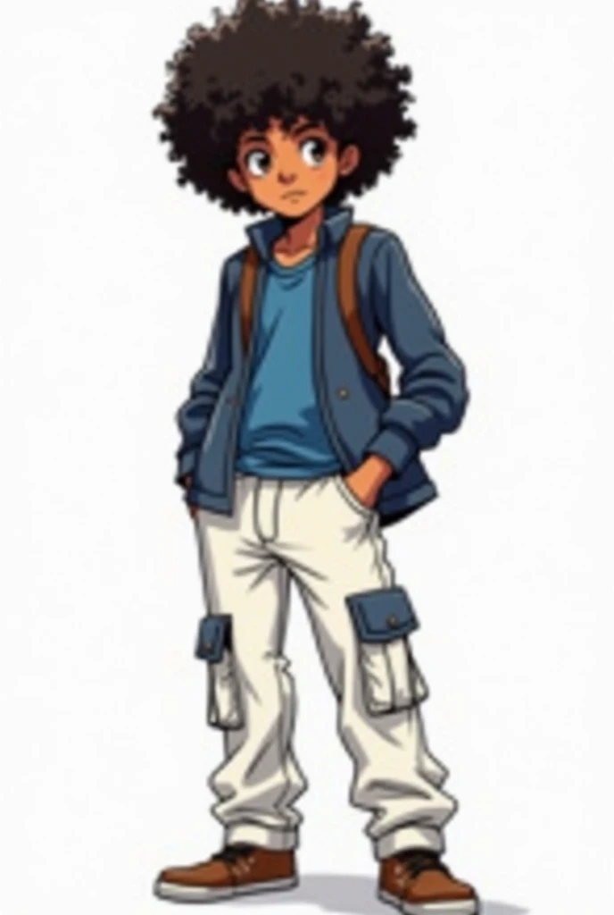 Niko, a curly-haired character looking like an Afro, he is  with a long-sleeved blouse with blue details and he wears white cargo pants with blue details, can create a full-body storyboard of a manga with this characteristic 