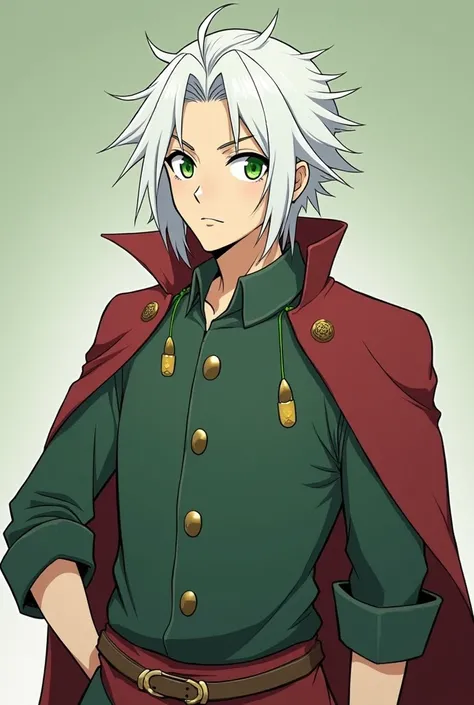 Create an image of a man who looks human with white hair and green eyes wearing a medieval blouse and medieval pants measuring 1 meter and 80 cm with a serious but lazy look from the anime  " tensei shitara slime datta ken  
