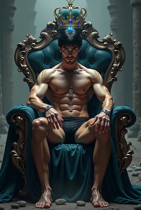 Believe me a man who has black hair with electric blue eyes ,  that he wears tight black clothes and that he is dressed and seated on a half-destroyed throne with a crown on his head containing sapphires, rubies and diamonds, That the crown is not too extr...