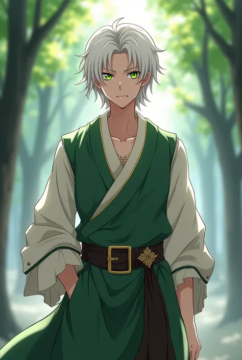 Create an image of a man who looks human with white hair and green eyes wearing a medieval blouse and medieval pants measuring 1 meter and 80cm with a lazy eye from the anime  " tensei shitara slime datta ken  
