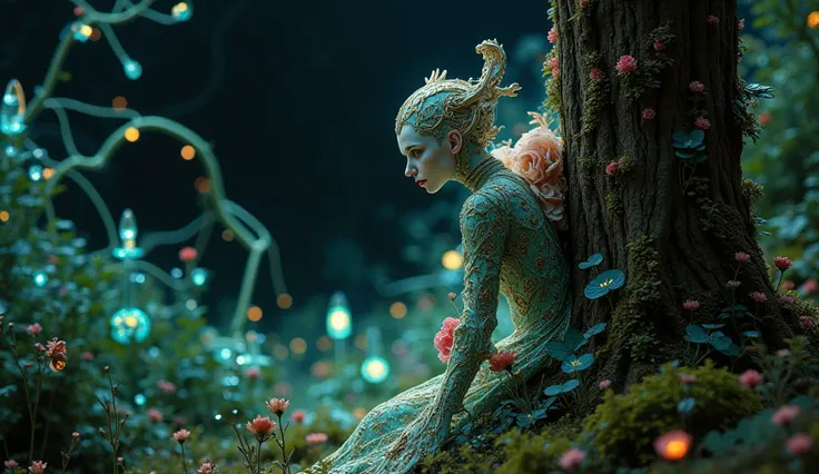 foreground:1.5, (tangled, Fractal, grid), (surreal Fractal art:1.3), ( Mechanical bioluminescent elf princess beautiful elf dress looking out from behind a tree:1.8), Look carefully and somewhat anxiously at the camera, ( Very detailed , 8k, beautiful epic...