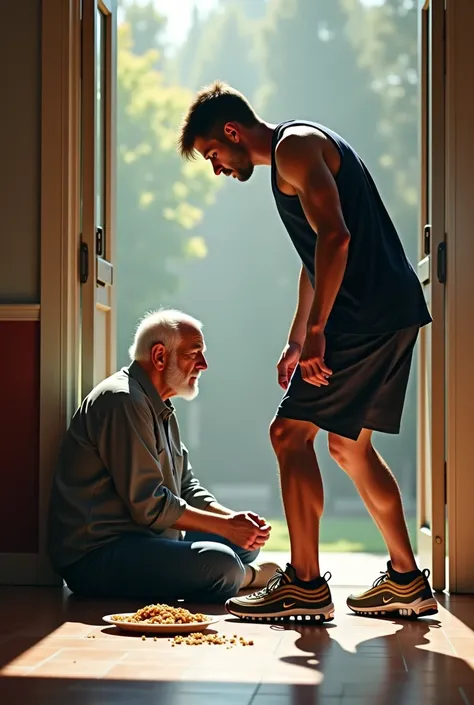 Dans un hall dentrée, un jeune homme sportif en Nike air Max 97 boueuses, Trampling on the meal thrown on the floor ,  of an old man sitting at his feet. 