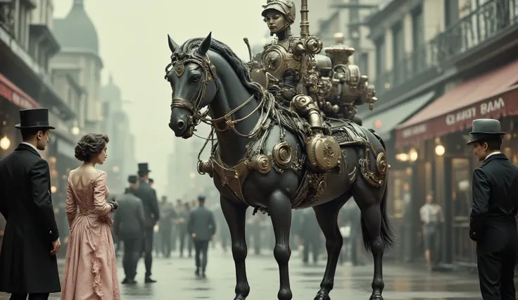 (best quality, 128k,highres,masterpiece:1.2),ultra-detailed,(realistic,photorealistic,photo-realistic:1.37), ((masterpiece)) ((photography)) ((Highest quality)) A vintage, steam-powered mechanical horse, intricately designed with brass details, polished co...