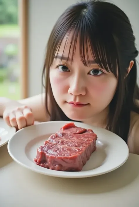  close-up shot ,  Sirloin steak on a white plate ,  Im looking very closely at the sirloin steak under the table、 long haired ,  Slightly high angle ,  woman looking at sushi from a little below from the front , White background, Focus on sushi , The Woman...