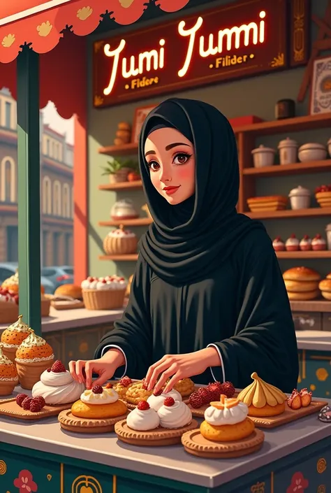 A picture of a pastry shop with a Muslim woman wearing a full black hijab and the hijab shows only her eyes serving sweets. The name of the shop is Yumi Yummi