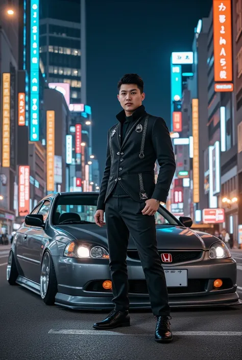 Young Yakuza man in front of his Honda Cvic 2025 lead gray ,  tuned with chrome wheels and lowered in the center of Tokyo 