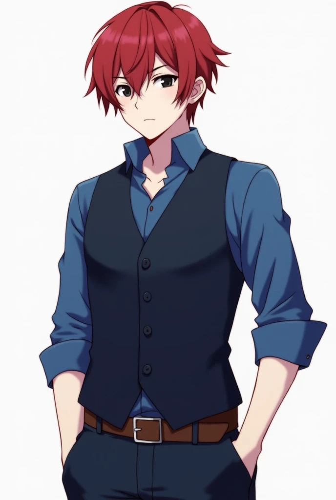 Profile photo for a male game character in anime type, with white skin, black eyes, red hair, wearing a navy blue vest over a blue shirt, navy blue trousers, and a brown belt with a silver buckle on it.