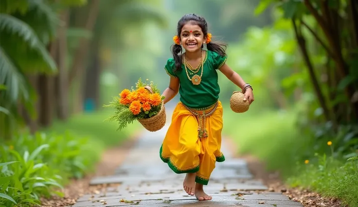 A joyful depiction of a young girl running barefoot on a stone path surrounded by vibrant greenery in Kerala. She is dressed in a traditional outfit with a green blouse and a bright yellow skirt adorned with green borders. Her cheerful expression is comple...