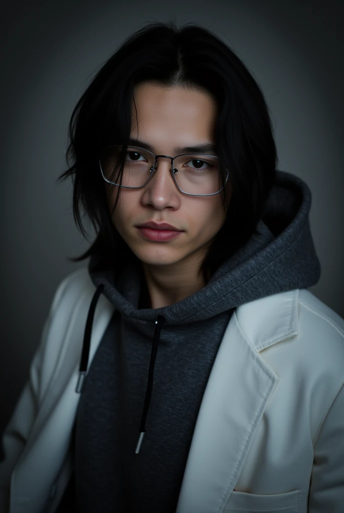 A portrait of a young man with long, flowing dark black hair and glasses. He has a white skin tone. He is wearing a dark grey hoodie layered under a white jacket. He has a straight, neutral expression on his face, He is fit, with a well-defined jawline and...