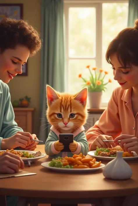 A ginger kitten in pajamas is sitting at a table with food, looking at her phone without eating, while her parents, in pajamas, are sitting around the table eating. 