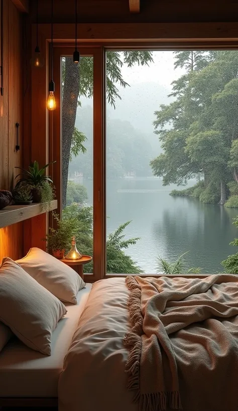 A rustic wooden bedroom with natural aesthetics, featuring a large rain-splattered window overlooking a peaceful lake, a cozy fireplace in the corner casting warm, flickering light, Edison bulbs hanging from a wooden beam, cream and beige bedding with laye...