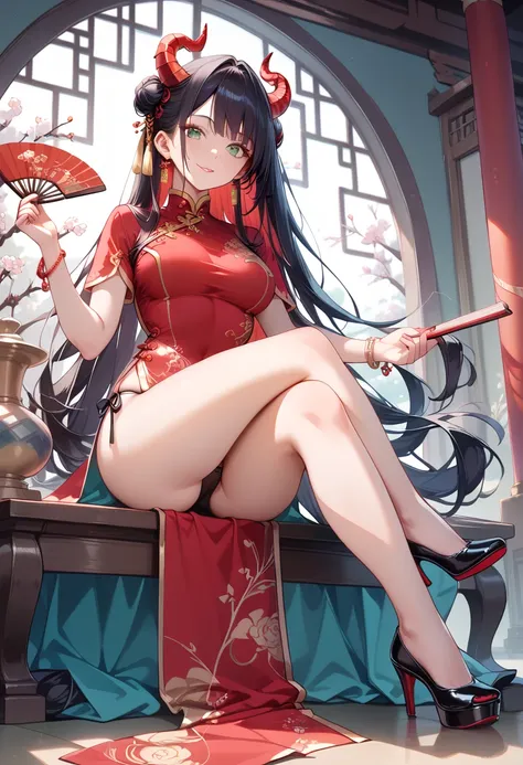 ((masterpiece, best quality, ultra detailed, high resolution, detailed facial description)), (solo, 1 noble woman:1.3), (beautiful face:1.3), (cheongsam clothing, red clothing), (long hair:1.3, Black hair, red inner color hair:1.3), (large dragon horn), (g...