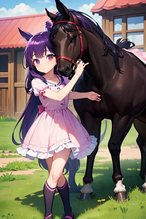 Make a confused horse girl. Horse with dark purple hair and horse ears. With a bright pink ponytail. The girl is wearing a cute dress with a ballet tutu. The blacksmith is about to shoe the girl as a horse because he thinks she is a horse.