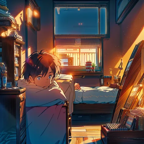 Aesthetic view from a room sunrise time warm and welcoming lights inside the room,cozy bed,desk,computer,a boy relaxing on the bed,4k, High quality,high saturation, more details.