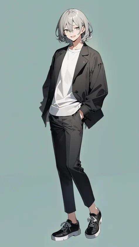 good looking, alone, 1 male, Medium Hair, White eyes, Gray Hair, Black jacket, White shirt, Shirt out, Black trousers, Bangs between the eyes, shoes, Front view. whole body, No Shadow, Smiling with wide open mouth, Green background